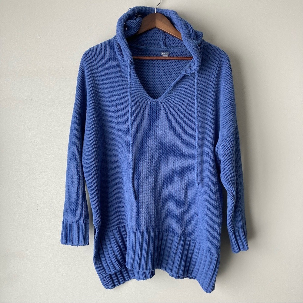 Aerie Chenille Oversized Hoodie Sweater Blue V-Neck Side Slit XS/S